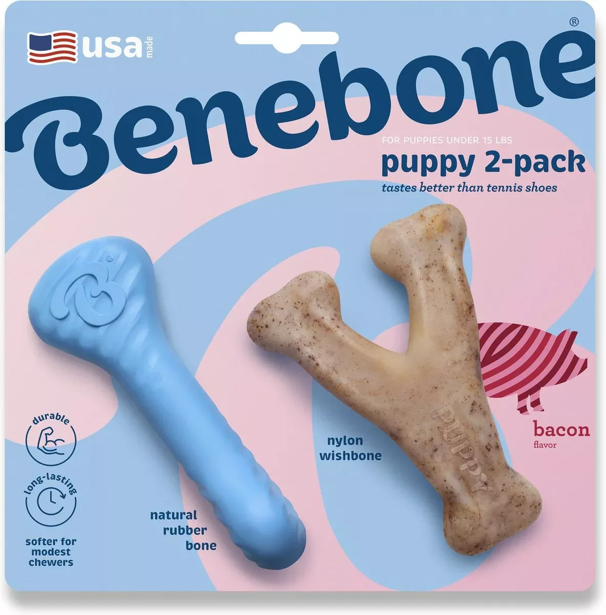 benebone-rubber-bone-wishbone-bacon-puppy-chew-toy-2-pack Benebone Rubber Bone/Wishbone Bacon Puppy Chew Toy (2-Pack)